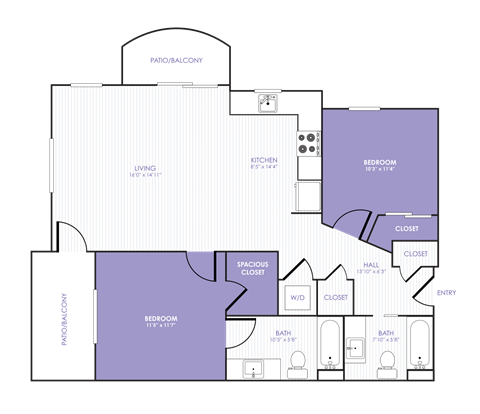 Floor plan for 2 beds, 2 baths, 858 sqft